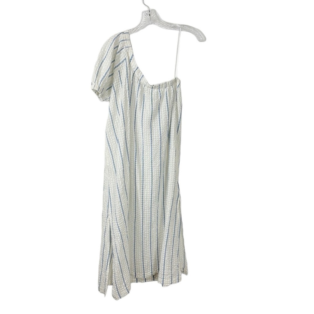Madewell One-Shoulder Puff-Sleeve Midi Dress Women's XS Blue Striped NWT - Picture 2 of 12